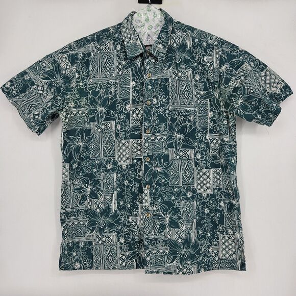 Cooke Street Shirt Mens Large Hawaiian Green Tapa Camp Button Up All Over Print - Picture 1 of 11